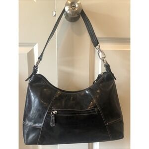 Giani Bernini Black Leather Shoulder Bag Front Top Stitch Detail